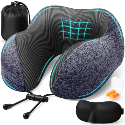 ExploreBliss Travel Pillow, Travel Pillows for Sleeping Airplane, Neck Pillow Airplane, Memory Foam Neck Pillow Set with Eye Mask, Earplugs and Storage Bag -Mottled Blue - color: Navy Blue