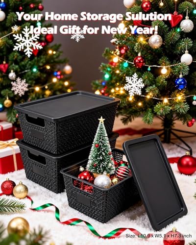 NUMIFUN Storage Bins with Lids, Set of 6, Stackable Woven Design, Black Plastic Containers with Easy Pull Handles, Interlocking Rim, Stackable Storage Boxes with Lids for Pantry, Closet - color: Black
