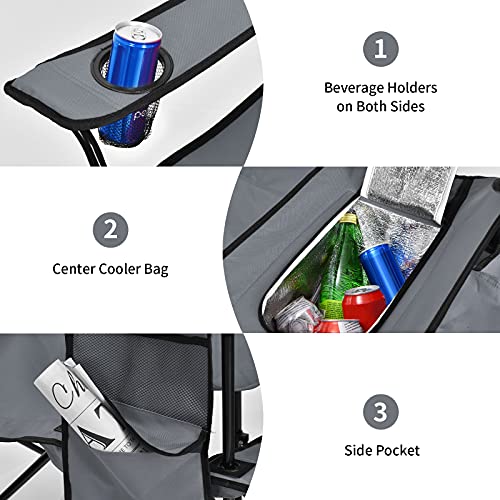 Goplus Double Camping Chair with Umbrella, Folding Loveseat Chairs w/Canopy Shade, Carrying Bag, Table, Cup Holder, Portable Beach Chairs Outdoor Picnic Patio (Grey) - color: Grey