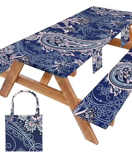 Picnic Table Cover with Bench Covers Waterproof Elastic Rectangle Reusable Folding Tablecloth Manteles Mantelería Camping Essentials Rv Car Travel Supplies Table Cloth Outdoor Road Trip Camper Gifts - color: Blue Paisley, size: 96in
