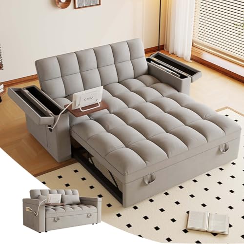 65" Foldable RV Love Seat Sofa, Modern Velvet Pull Out Couch with Table Board and UAB, Convertible Love Seat Sofa Bed with Adjustable Back and Pillow for Living Room, Small Spaces(Light Gray, 2 Seat) - color: Light Gray, size: 2 Seat
