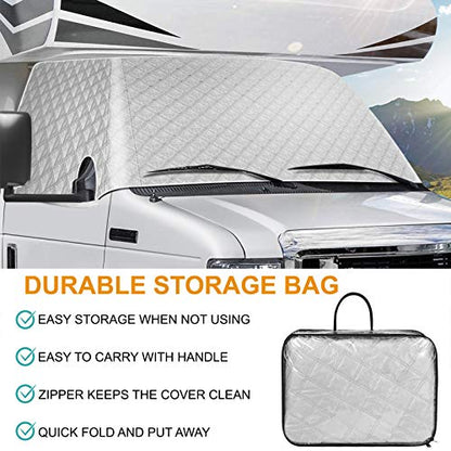 RV Windshield Cover Compatible with Class C Ford E450 1997-2025 Motorhome,Windshield Cover for Ice and Snow RV Front Window Sunshade Cover UV Block 4 Layers with Mirror Cutouts,Silver