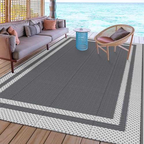 HappyTrends Outdoor Rug Reversible Portable Plastic Straw Camping Rugs for Outside RV,Large Waterproof Outdoor Area Rugs for Patio,Deck,Porch,Balcony(5'x 8',White&Gray) - size: 5' x 8' (Rectangular)