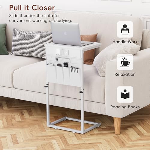 Vagusicc C Shaped End Table with Charging Station, Adjustable Height Side Table for Couch, Sofa Table Laptop Couch Side Tables, Slide Under Sofa TV Tray Arm C Tables for Living Room Bedroom, White - color: 1pc White