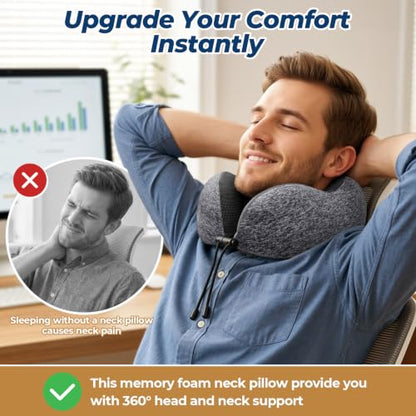 ExploreBliss Travel Pillow, 2 Pack Travel Pillows for Sleeping Airplane, Removable Cover Neck Pillow with Adjustable Clasp, Memory Foam Neck Pillow Set (Dark Grey & Black) - color: Dark Grey & Black