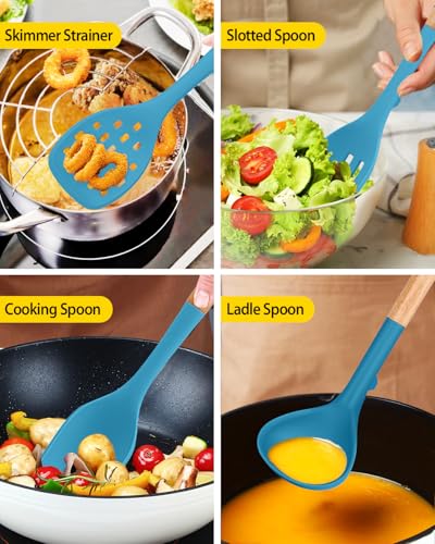 Silicone Kitchen Utensil Set for Non Stick Cookware, 7 Pcs Heat Resistant Cooking Utensils with Wooden Handle, BPA Free Kitchen Tools with Spatulas, Spoons, Skimmer and Pasta Fork (BLUE) - color: Blue