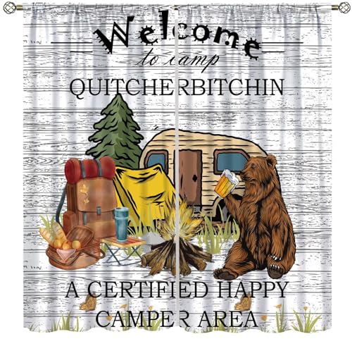 Funny Camper Curtain,Bear Drink Beer Camping Trailer Tent Campfire in Forest Woodland Welcome to Camp Quote Window Treatments for Bedroom Living Room Decor 42" W X 45" L - color: Camping-9, size: 20.5"W x 45"L (Pack of 2)