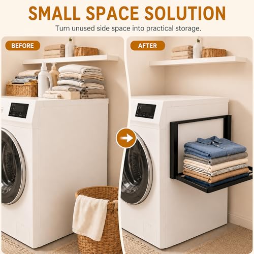 Magnetic Shelves for Washing Machine, No-Drill Magnetic Laundry Organizer Shelf for Washer Dryer and Small Spaces, Foldable Space-Saving Side Storage Rack for Laundry, Bathroom, Kitchen & RV