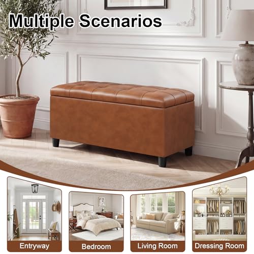 Asense Storage Ottoman Bench,Faux Leather Upholstered Ottoman with Storage,End of Bed Bench with Safety Hinge,for Entryway,Bedroom,Living Room - color: 32" Cognac Brown Faux Leather