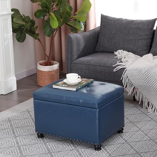 Joveco Faux Leather Storage Ottoman Bench Rectangle 24 Inch Foot Rest Ottomans - color: Blue Faux Leather