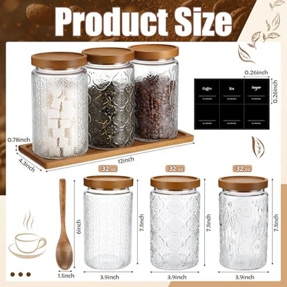 3 Pack 34 oz Glass Coffee Container with Wooden Tray Lid Spoon Labels Clear Airtight Glass Jar Food Storage Kitchen Canisters Set Decorative Coffee Bar Containers for Sugar Candy Tea Flour - size: 34 oz