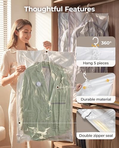 BAGSMART 6 Pack Hanging Vacuum Storage Bags for Clothes, Space Saver Bags for Closet Organization, Air-tight Vacuum Sealer Bags for Heavy Coats, Suits, Dresses, Jackets, Hand Pump Included - size: 6 Combo Hanging