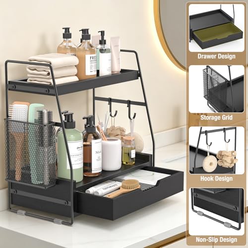 2-Tier Bathroom Counter Organizer with Drawer and Removable Basket, Wood Vanity Countertop Storage for Perfume, Makeup, Skincare, Bathroom Counter Shelf, 13" x 7.9" x 14.5", Black - color: Black