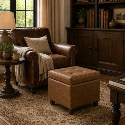 HomePop Square Tufted Storage Ottoman - Distressed Brown Faux Leather Small - color: Light Brown