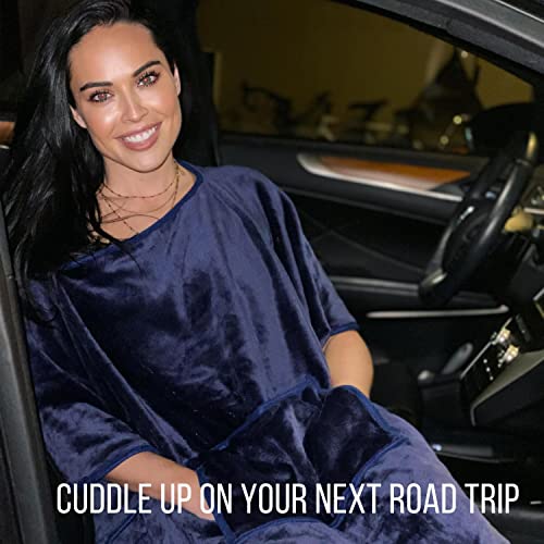 Kululu Travel Blanket and Pillow Set, Airplane Blanket Compact 2-in-1 Combo Set, Flight Essentials Poncho with Pocket, Pouch & Luggage Backpack Strap | Travelers Gifts Accessories 62"x45" (Space Blue) - color: Space Blue