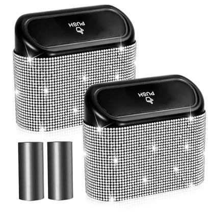 NBTEPEM Bling Car Trash Can with Lid - 2 Pack, Mini Auto Garbage Can with 60 Trash Bags, Automotive Garbage Container Bin, Bling Car Accessories Trash Can for Women (Silver Diamond) - color: Silver Diamond