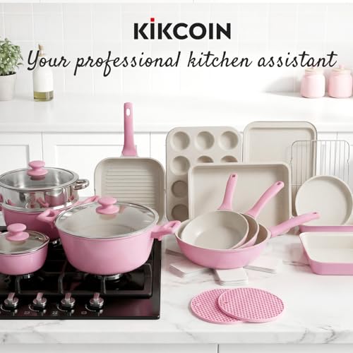 Kikcoin Pots and Pans Set Non Stick 31 Piece Kitchen Nonstick Cooking Cookware Sets with Grill Pan Saucepan Baking Sheet Utensil, Pink - color: Pink&White