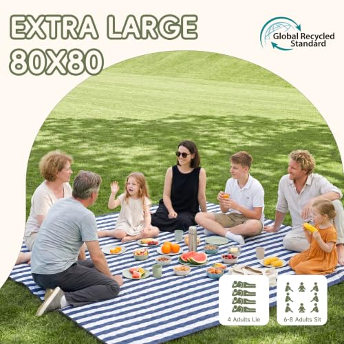 Genovega Waterproof Sandproof Beach Blanket Picnic Outdoor Mat Rug Extra Large Foldable Sand Free Big Giant XL Towel Car Essential Roadtrip Gadget Rv Accessories Gear Must Have Hiking Item Necessities - color: Stripe Navy