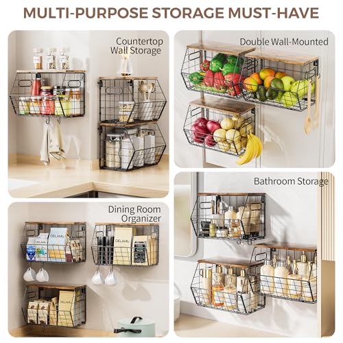 Delamu Stackable Metal Fruit Basket with Wood Lid 3 Pack, Hanging Wall Organizer for Kitchen Counter, Pantry Storage for Onions, Potatoes, Garli, Fruits, Spices, Black - size: 3 Pack