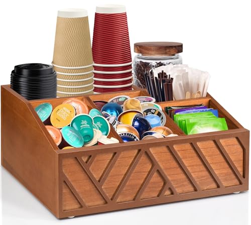 Coffee Station Organizer for Counter, Wood Pods Holder Storage Basket, Tea Condiment Storage Organizer, Rustic Coffee Bar Decor for Accessories Organizer - color: Brown-large