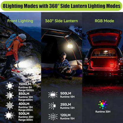 LED Camping Lantern, 1500 Lumens Camping Lantern Rechargeable with Solar Panel Charging, Waterproof, 8 Light Modes, 7500mAh Power Bank, Camping Flashlight for Hurricane Emergency, Hiking, Outdoor - size: Orange&Black