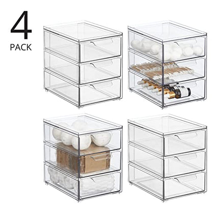 mDesign Plastic Stackable Organizer with 3 Drawers - Pull-Out Drawer Storage Bin for Bathroom Sink/Cabinet Organization - Perfect for Makeup, Small Towels, and More - Lumiere Collection, 4 Pack, Clear - size: 8 x 6 x 8 (Pack of 4)