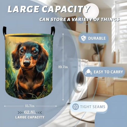 Cute Dachshund in Sunny Grass Laundry Basket with Handles, 19.7"x15.7" Clothes Foldable Laundry Hamper Organizer for Dorm Nursery Bedroom Bathroom Decor, Toy Storage Bin for Kids - style: Dachshund53