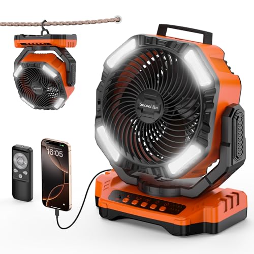 Socool 40000mAh Camping Fan Rechargeable, Battery Operated Portable Outdoor Fan Remote, 136Hrs & 4-Speed Cordless Oscillating, Table Fan with Light & Timer for Tent RV Jobsite Hurricane Power Outage - color: Orange, size: 10inch
