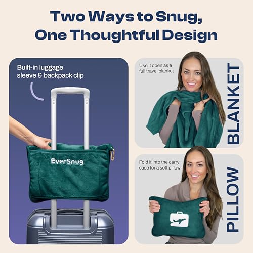 EverSnug Travel Blanket and Pillow - Ultra-Soft, Compact & Lightweight, 65x40 Inches, with Carry Case, Luggage Sleeve & Backpack Clip for Airplane Comfort (Teal) - color: Forest Green