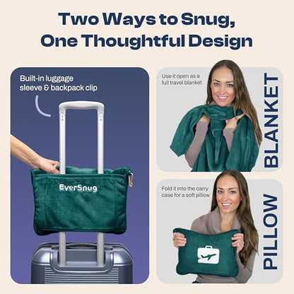 EverSnug Travel Blanket and Pillow - Ultra-Soft, Compact & Lightweight, 65x40 Inches, with Carry Case, Luggage Sleeve & Backpack Clip for Airplane Comfort (Teal) - color: Forest Green