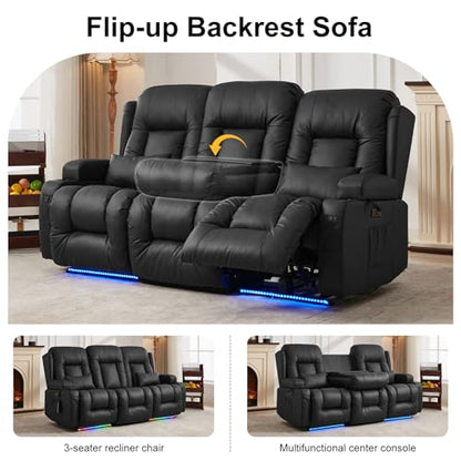 TUNYI Power Loveseat Recliner Sofa with Massage & Heat Home Theater Seating with Console RV Recliner Loveseat Sofa with USB/Storage/Side Pocket/LED Light/Speaker (Black, 3 Seat) - color: Black, size: 3 Seat