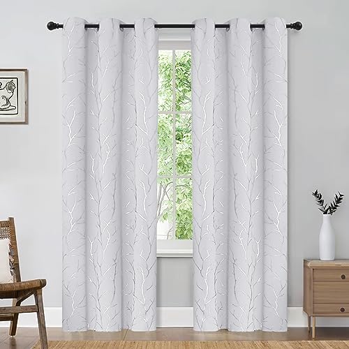 BUHUA White Blackout Curtains, Silver Curtains, Grommet Top Bedroom Curtains 2 Panel Sets, Elegant Silver Tree Branches Print Window Treament for Livingroom 38W x 84L, Greyish White - color: Greyish White, size: 38"W x 84"L (Pack of 2)