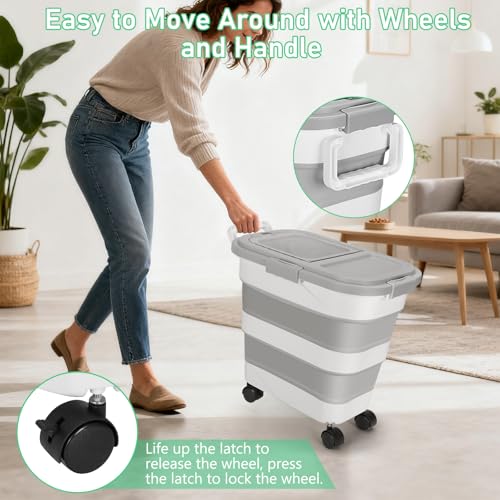 ShineMe Dog Food Storage Container, 30 Lbs Collapsible Food Storage Containers with Rolling Wheel Airtight Locking Lid, Cat Foods Bin with Cup and Scoop, Suitable for Pet Snack, Rice, Flour (Grey) - color: 30 Lbs Grey