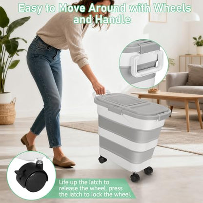 ShineMe Dog Food Storage Container, 30 Lbs Collapsible Food Storage Containers with Rolling Wheel Airtight Locking Lid, Cat Foods Bin with Cup and Scoop, Suitable for Pet Snack, Rice, Flour (Grey) - color: 30 Lbs Grey