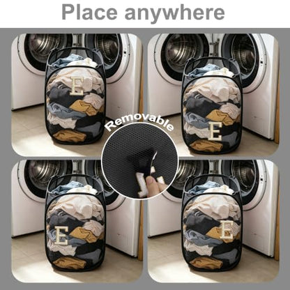 Collapsible Pop Up Laundry Hamper, Extra Large with Removable Initial Letter E, Mesh Foldable Laundry Basket, 28" x 16" x 16" (Black) - color: 1P BlackE