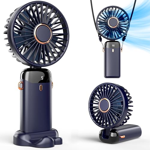 Koonie Portable Handheld Fan, Battery Operated Fan with Base, 8 Hours, Digital Display, 5 Speeds, 90° Ajustable, Rechargeable Mini Fan for Outdoor Indoor - color: blue