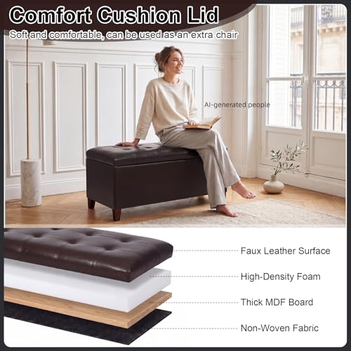 Asense Storage Ottoman Bench, 33" Faux Leather Upholstered End of Bed Bench with Safety Hinge,Wooden Legs,for Entryway Bedroom Living Room,Chocolate Brown - color: 33" Chocolate Brown Faux Leather