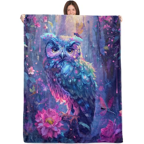 Mystical Owl Blanket,40x50in,Cozy Flannel Throw with Colorful Fantasy Forest Scene Butterfly Flower Design,Soft Lightweight Gifts Blankets for Kids,Sofa Bed Travel Living Room Nature Decor - color: Owl 01, size: 50"x40"