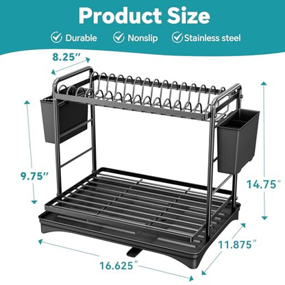 Simple Trending Dish Rack, Dish Drying Rack 2 Tier, Stainless Steel Dish Drainers with Utensil Holder and Drainboard for Kitchen Sink Organizers, 12" w x 16.6" L, Black