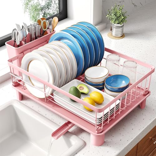 SNTD Dish Drying Rack - Small Dish Rack for Kitchen Counter, Stainless Steel Dish Drainer with Utensil Holder and Drainboard, 12.9" W x 16.9" L (Pink) - color: Pink, size: 12.9" W x 16.9" L