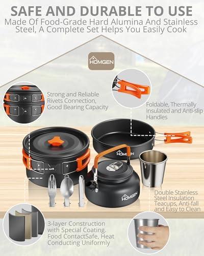 HOMGEN Portable Ultralight Anodized Aluminum Camping Cookware Set - Nesting Camping Pot and Pan-800ml Insulated Teapot-Carrying Bag-for Camping Hiking Picnic RV Trip - size: For 2 People