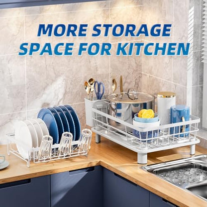 GAOKASE Dish Drying Rack, Stainless Steel-Dish Rack, Dish Racks for Kitchen Counter, Kitchen Dish Drainers with Removable Utensil Holder,New Drain Outlet,Plate Rack and Drainboard (White 3) - color: White 3