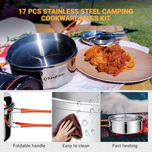KingCamp 17/25pcs Stainless Steel Camping Cookware Mess Kit Camping Cooking Set Backpacking Gear Lightweight Pots and Pans Set for Camping Hiking Picnic
