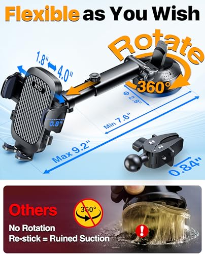 2026 Ultimate Best【True Military-Grade & Safety Cert】Car Phone Holder HTU【Upgraded 360 Rotation & 100+LBS Strongest Suction】5-in-1 Truck Windshield Dashboard Vent Mount Stand for iPhone Android, Black - color: Black