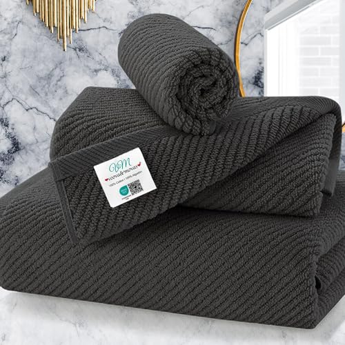 3 Piece Towel Sets for Bathroom, Grey Towels for Showering - 100% Cotton | Quick Dry | Soft | Thick, 1 Large Bath 30" x 56", 1 Hand 18" x 28", 1 Wash Cloth 13" x 13", Bathroom Essentials - color: Dark Gray, size: 3 PC Bathroom Towel Set