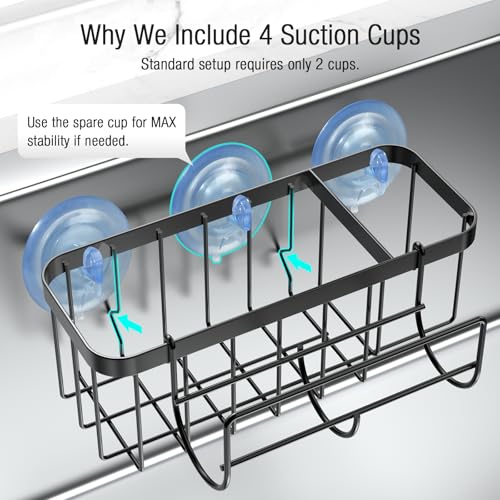 3-in-1 Kitchen Sink Caddy Organizer with Sponge Holder, Brush Holder, Extra Rack for Scrubber, Sink Stopper, Dish Cloth Hanger - Strong Dual Suction Cup, 2.0mm SUS304 Stainless Steel - Black - color: Black
