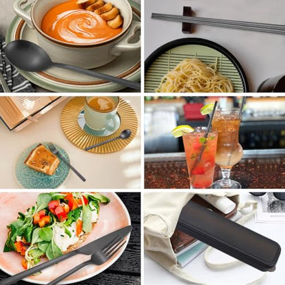 AARAINBOW 6 Pieces Stainless Steel Flatware Set Portable Reusable Cutlery Set Travel Utensils Set Including Chopsticks Knife Fork Spoon Straws Cleaning Brush Dishwasher Safe (B-Black) - color: B-Black