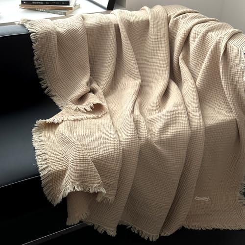 MorroMorn 100% Cotton Muslin Throw Blanket with Fringes 50"x60", 4-Layer Gauze Blankets for Adults, Boho Bedding Breathable Lightweight Ultra-Soft Farmhouse Decor for Couch Bed All Seasons, Khaki - color: Khaki, size: Throw 50"x60"