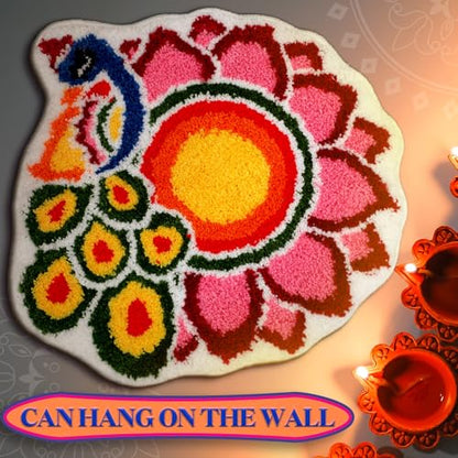 Drydiet 20 Inch Diwali Rangoli Mat Decorations Indian Diwali Door Mat for Home Peacock and Petals Decoration Non Slip Washable Rug for Indian Traditional Pooja New Year Entrance Gift - style: Rangoli