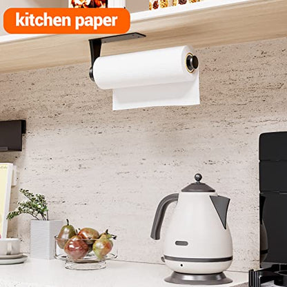Paper Towel Holder Under Cabinet, Single Hand Operable Wall Mount with Damping Effect, Self-Adhesive or Drilled for Kitchen Bathroom, Black - color: Black